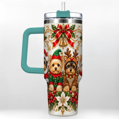 #pl[40oz|Green] Christmas Yorkie 40oz Tumbler with Handle, Festive Dog Portrait
