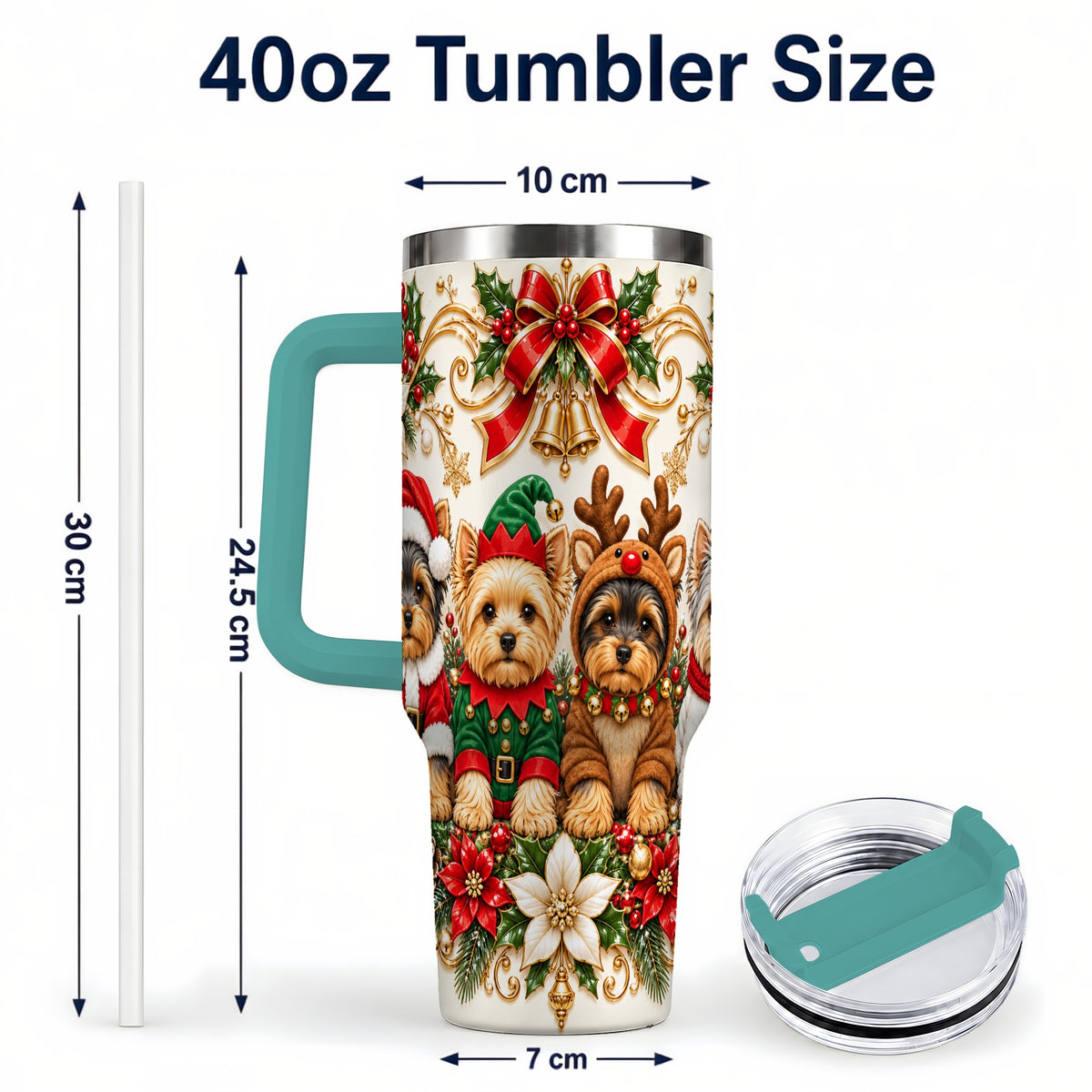 #pl[40oz|Green] Christmas Yorkie 40oz Tumbler with Handle, Festive Dog Portrait