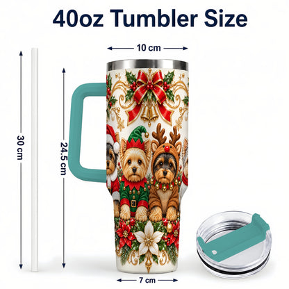 #pl[40oz|Green] Christmas Yorkie 40oz Tumbler with Handle, Festive Dog Portrait