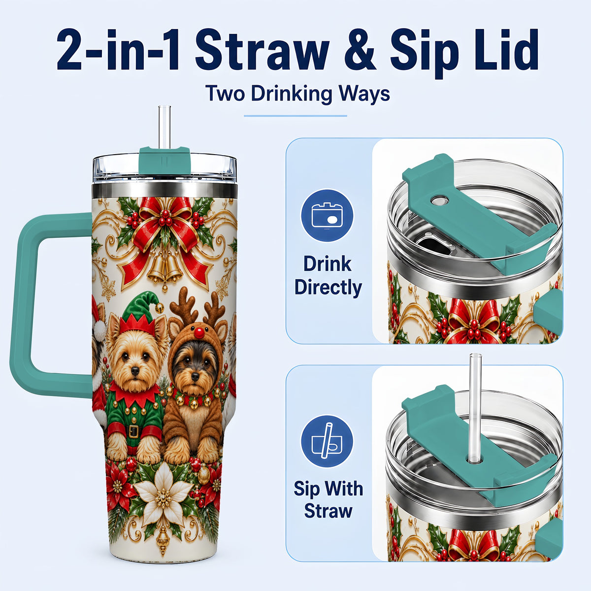 #pl[40oz|Green] Christmas Yorkie 40oz Tumbler with Handle, Festive Dog Portrait