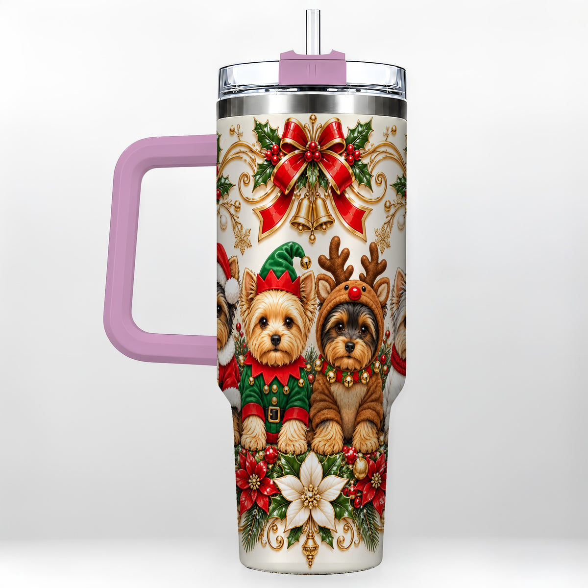 #pl[40oz|Pink] Christmas Yorkie 40oz Tumbler with Handle, Festive Dog Portrait