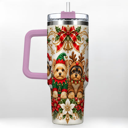 #pl[40oz|Pink] Christmas Yorkie 40oz Tumbler with Handle, Festive Dog Portrait