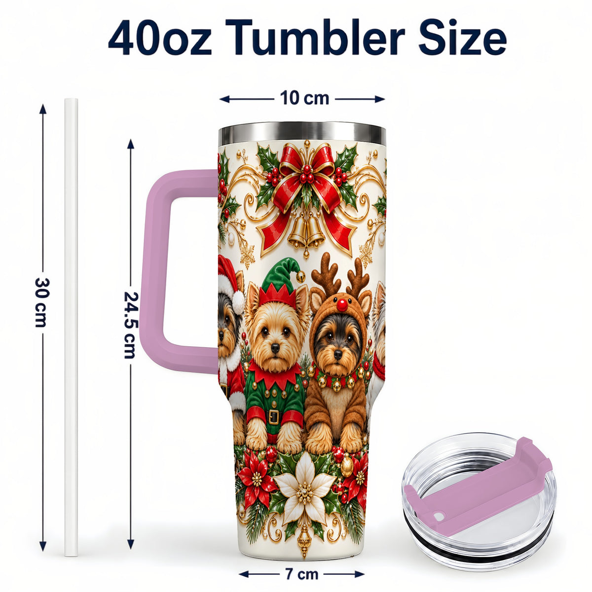 #pl[40oz|Pink] Christmas Yorkie 40oz Tumbler with Handle, Festive Dog Portrait