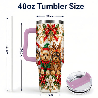 #pl[40oz|Pink] Christmas Yorkie 40oz Tumbler with Handle, Festive Dog Portrait