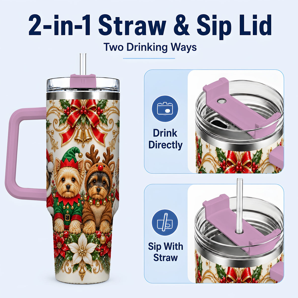 #pl[40oz|Pink] Christmas Yorkie 40oz Tumbler with Handle, Festive Dog Portrait