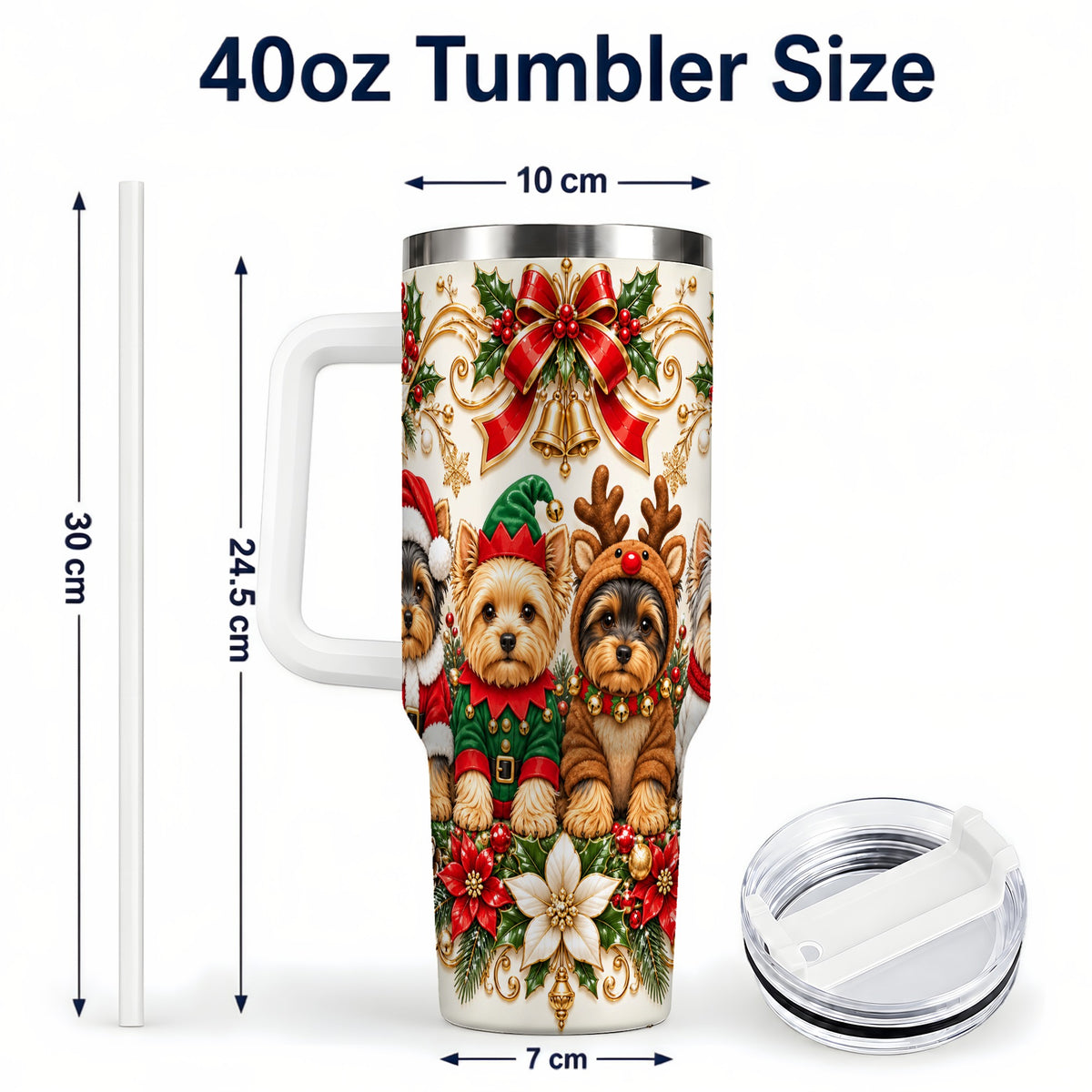 #pl[40oz|White] Christmas Yorkie 40oz Tumbler with Handle, Festive Dog Portrait