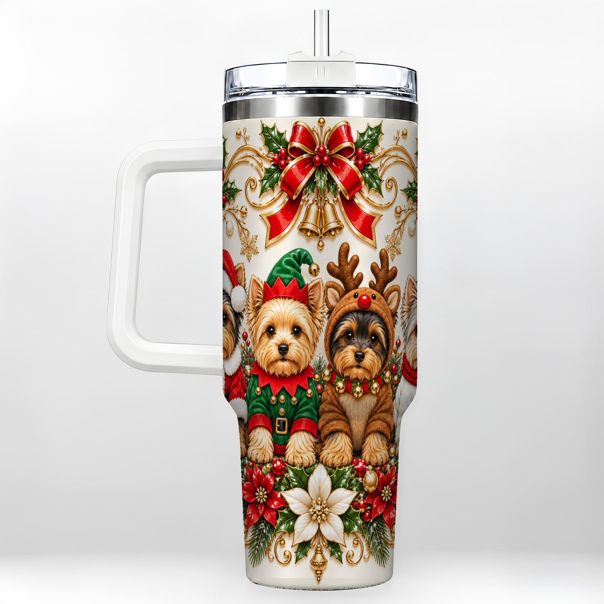 Christmas Yorkie 40oz Tumbler with Handle, Festive Dog Portrait