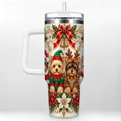 Christmas Yorkie 40oz Tumbler with Handle, Festive Dog Portrait