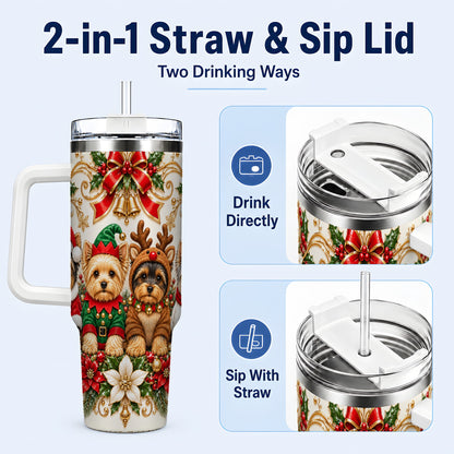 #pl[40oz|White] Christmas Yorkie 40oz Tumbler with Handle, Festive Dog Portrait