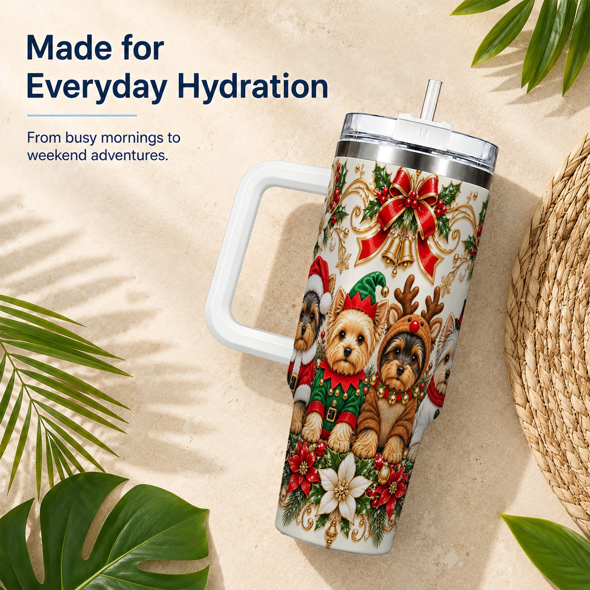 Christmas Yorkie 40oz Tumbler with Handle, Festive Dog Portrait