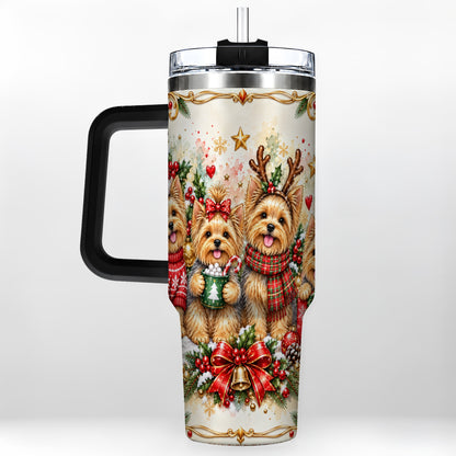 #pl[40oz|Black] Christmas Yorkie 40oz Tumbler with Handle, Cozy Winter Puppy Art
