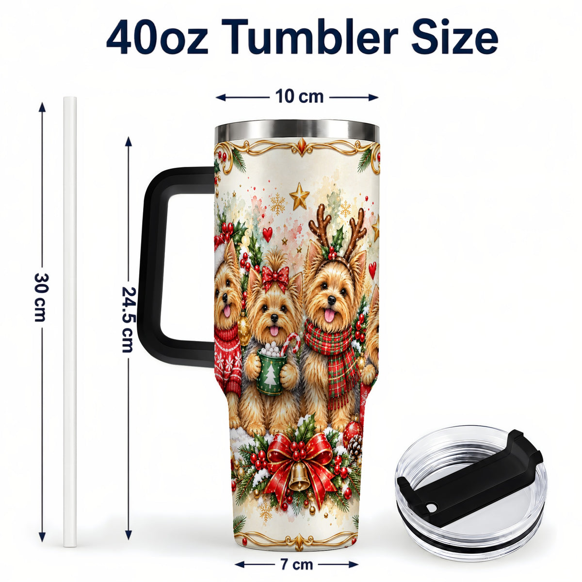 #pl[40oz|Black] Christmas Yorkie 40oz Tumbler with Handle, Cozy Winter Puppy Art