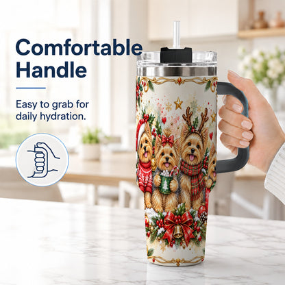#pl[40oz|Black] Christmas Yorkie 40oz Tumbler with Handle, Cozy Winter Puppy Art