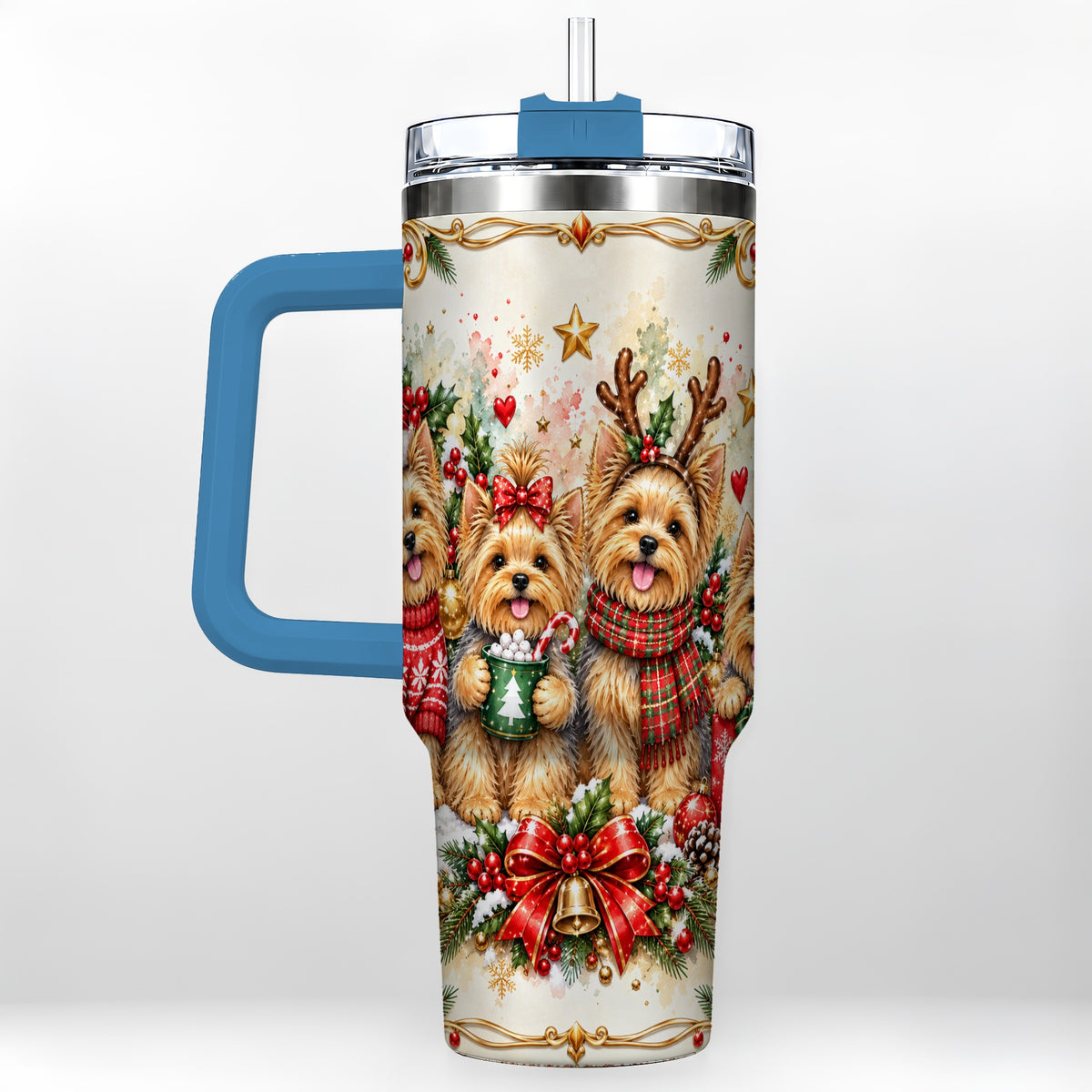 #pl[40oz|Blue] Christmas Yorkie 40oz Tumbler with Handle, Cozy Winter Puppy Art