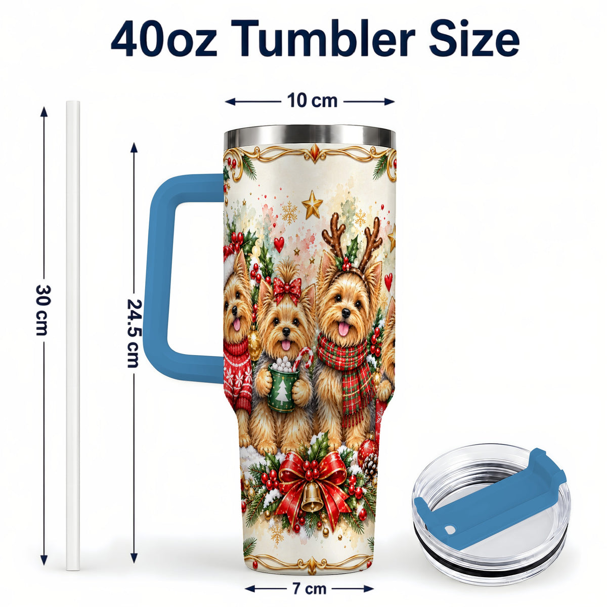 #pl[40oz|Blue] Christmas Yorkie 40oz Tumbler with Handle, Cozy Winter Puppy Art