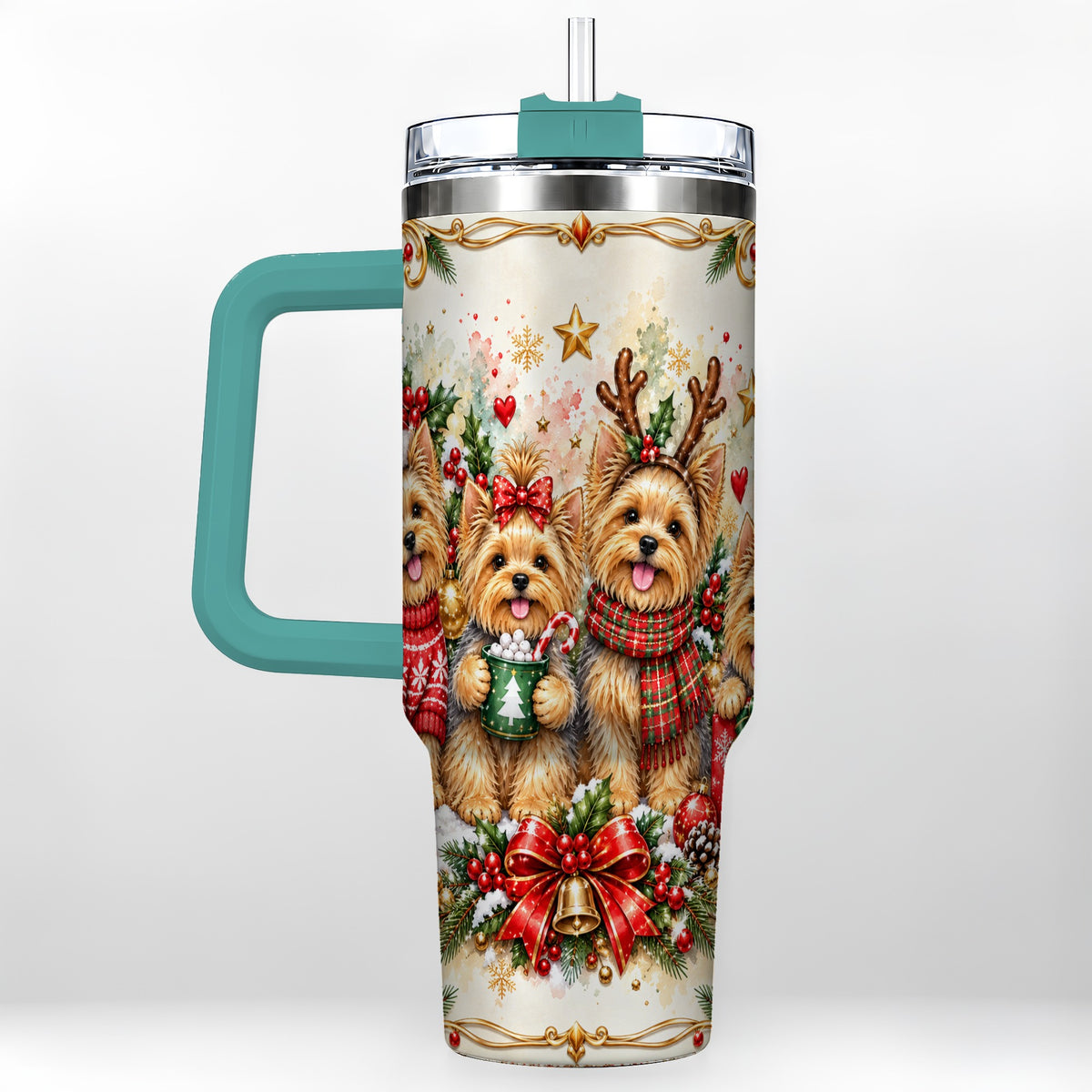 #pl[40oz|Green] Christmas Yorkie 40oz Tumbler with Handle, Cozy Winter Puppy Art