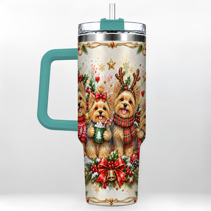 #pl[40oz|Green] Christmas Yorkie 40oz Tumbler with Handle, Cozy Winter Puppy Art