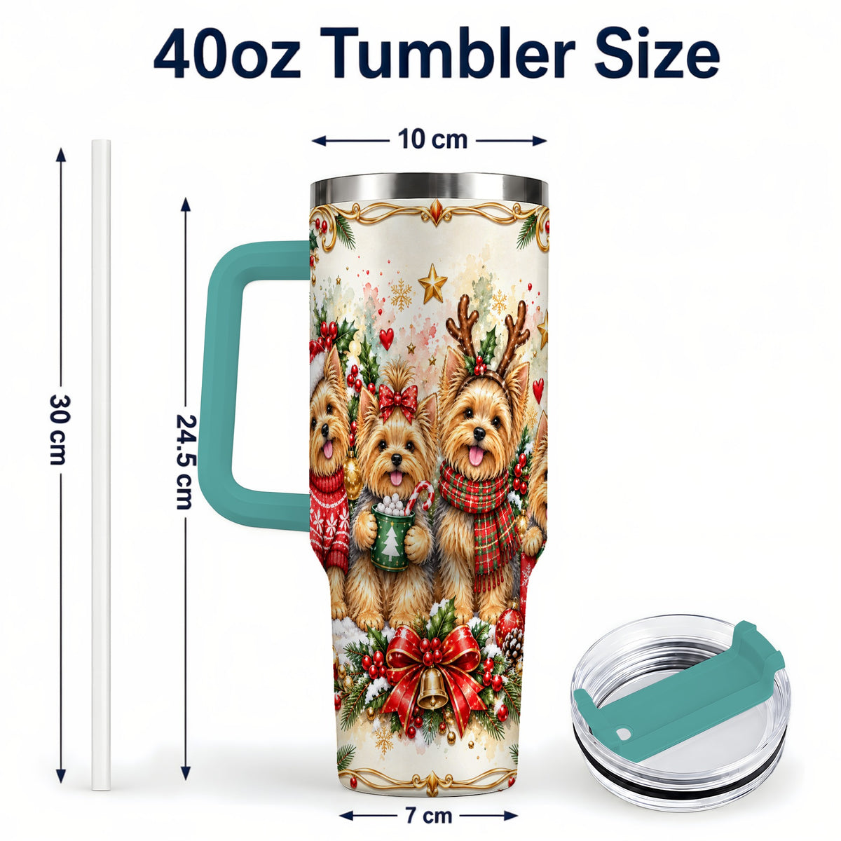 #pl[40oz|Green] Christmas Yorkie 40oz Tumbler with Handle, Cozy Winter Puppy Art