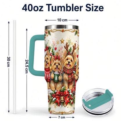 #pl[40oz|Green] Christmas Yorkie 40oz Tumbler with Handle, Cozy Winter Puppy Art