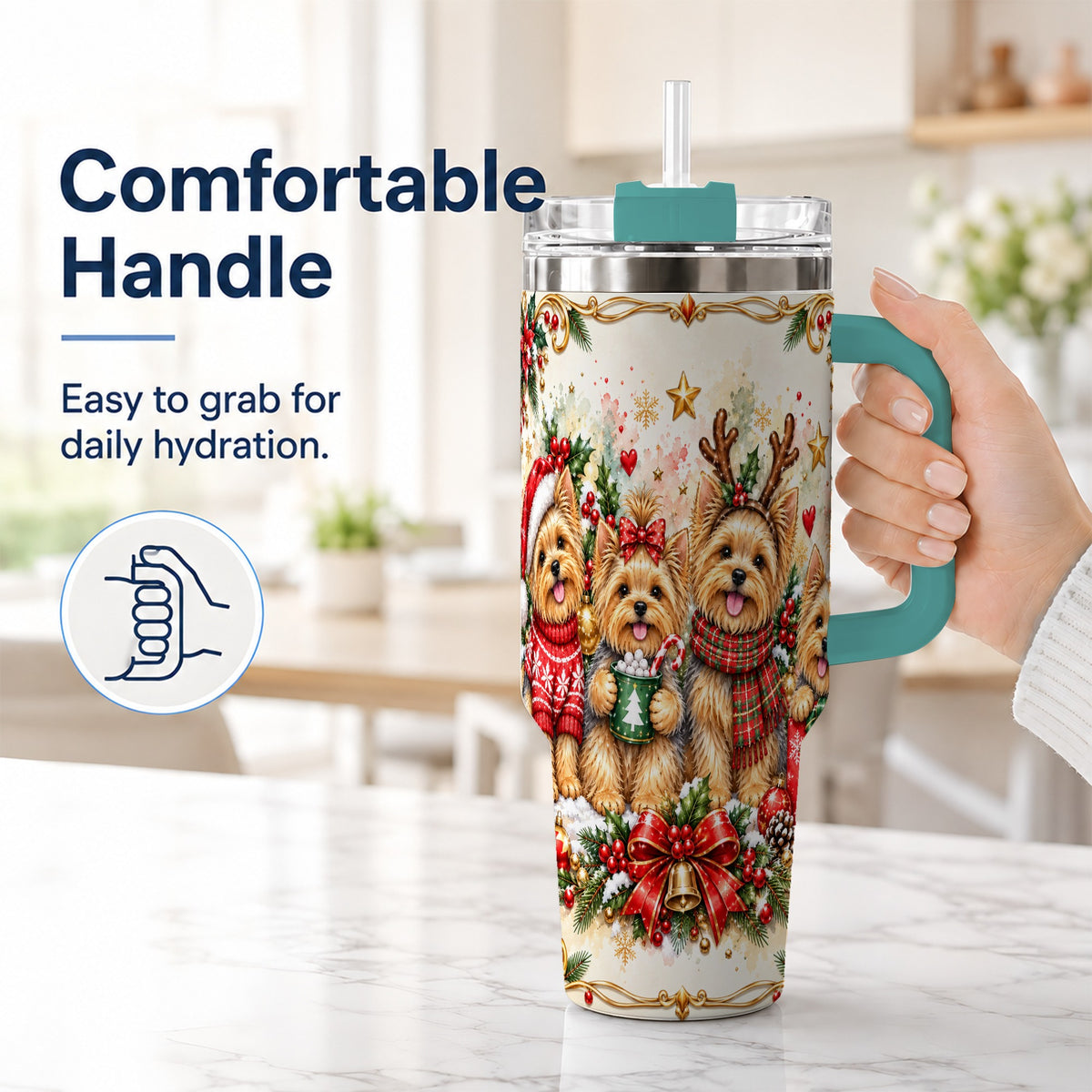 #pl[40oz|Green] Christmas Yorkie 40oz Tumbler with Handle, Cozy Winter Puppy Art