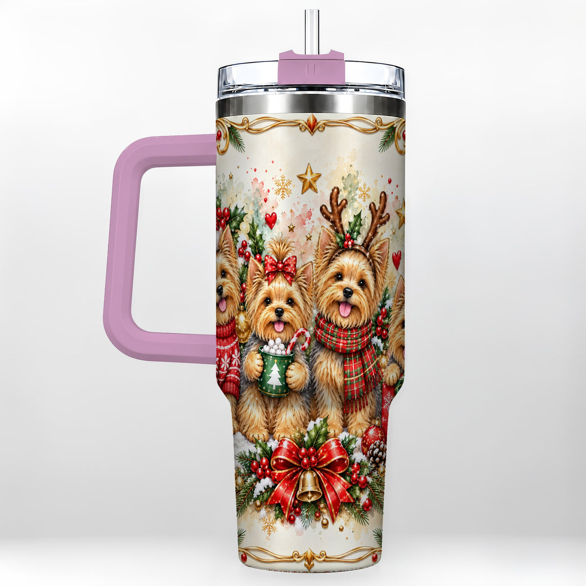 #pl[40oz|Pink] Christmas Yorkie 40oz Tumbler with Handle, Cozy Winter Puppy Art