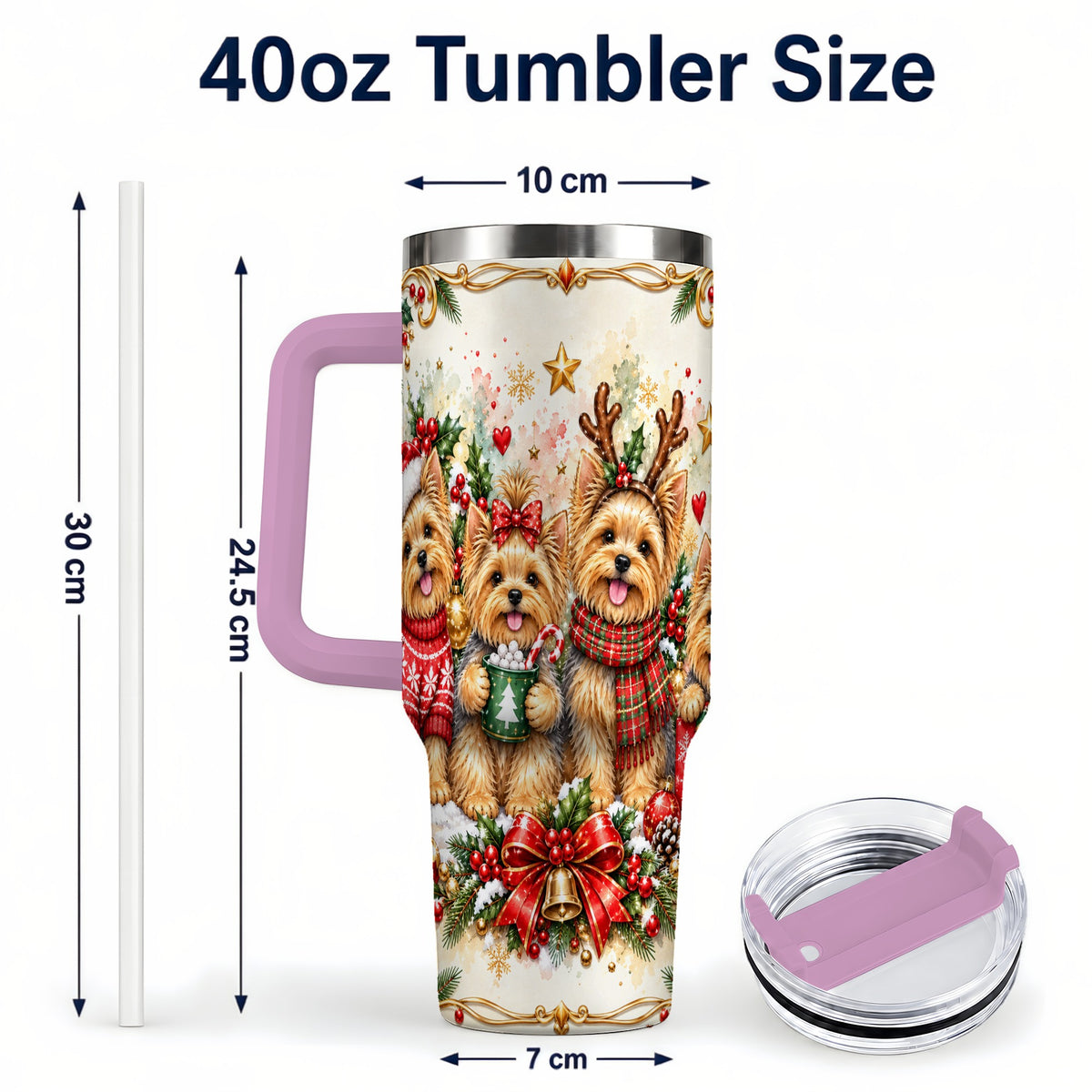 #pl[40oz|Pink] Christmas Yorkie 40oz Tumbler with Handle, Cozy Winter Puppy Art