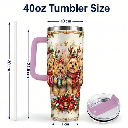#pl[40oz|Pink] Christmas Yorkie 40oz Tumbler with Handle, Cozy Winter Puppy Art