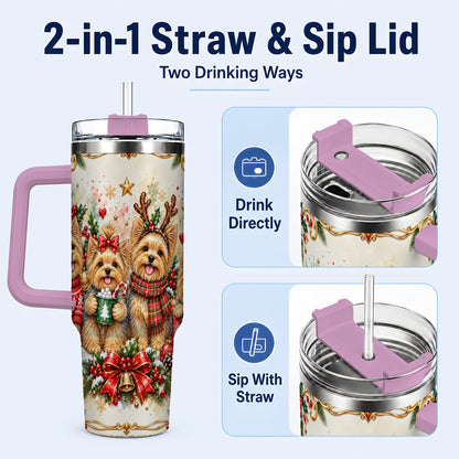 #pl[40oz|Pink] Christmas Yorkie 40oz Tumbler with Handle, Cozy Winter Puppy Art