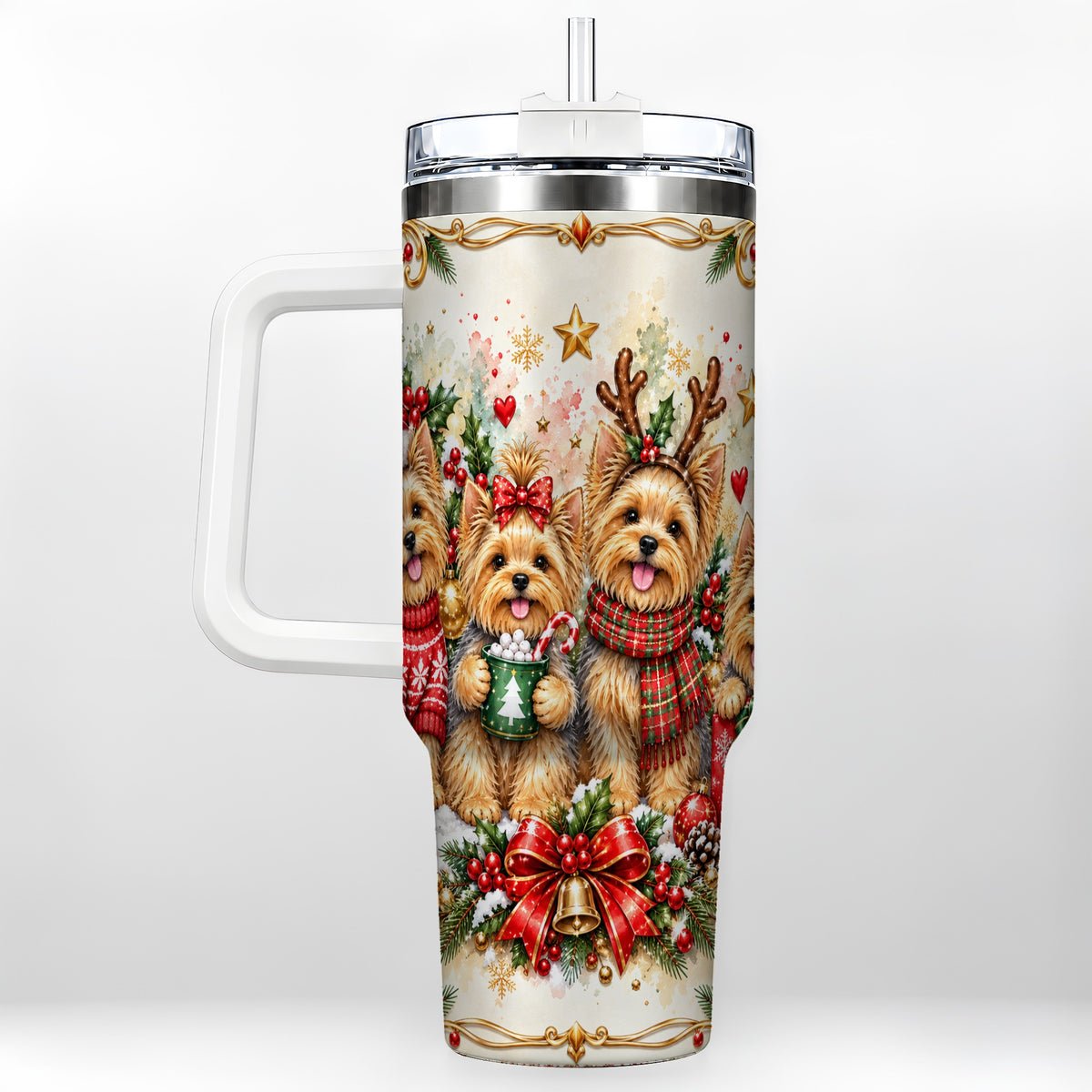 Christmas Yorkie 40oz Tumbler with Handle, Cozy Winter Puppy Art