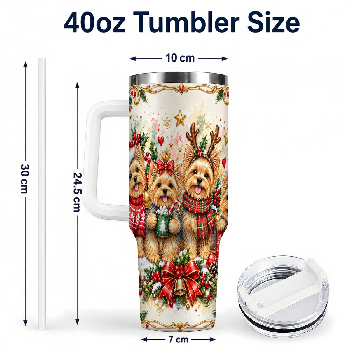 #pl[40oz|White] Christmas Yorkie 40oz Tumbler with Handle, Cozy Winter Puppy Art
