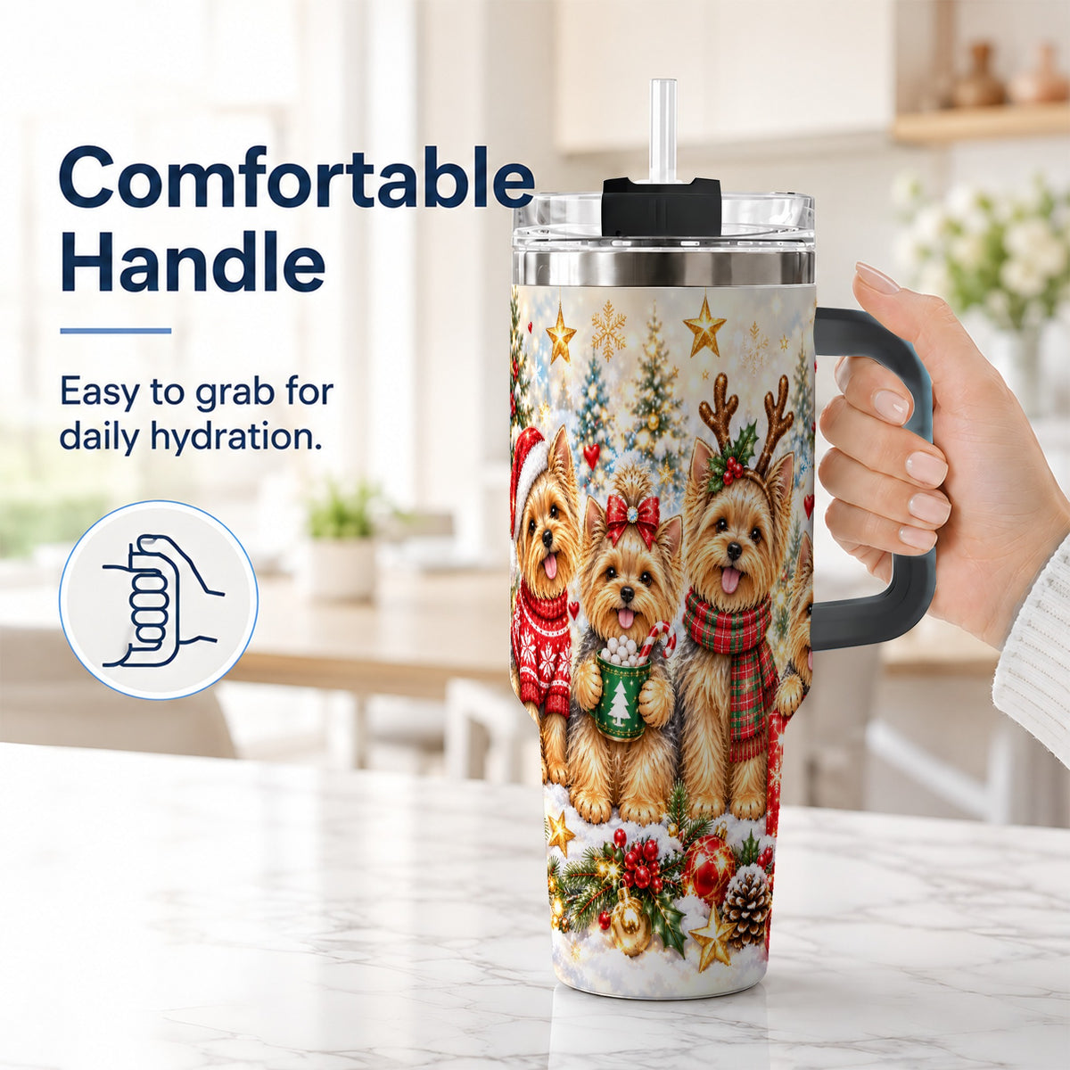 #pl[40oz|Black] Christmas Yorkie 40oz Tumbler with Handle, Festive Dog Holiday Artwork