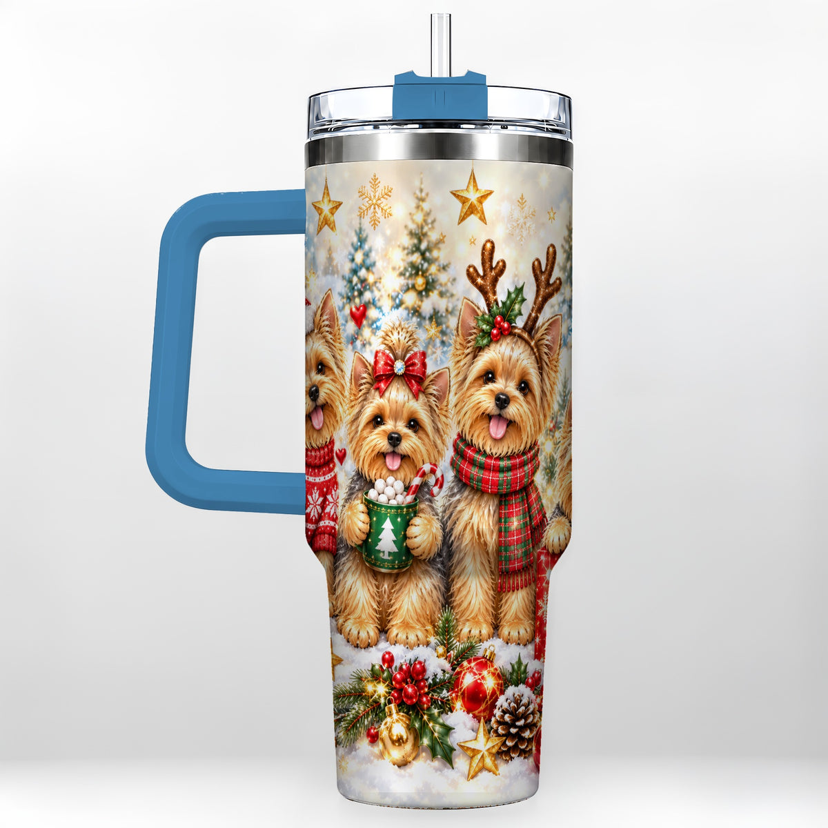 #pl[40oz|Blue] Christmas Yorkie 40oz Tumbler with Handle, Festive Dog Holiday Artwork