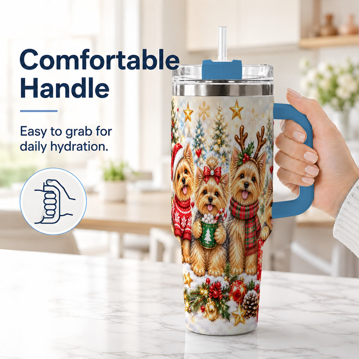 #pl[40oz|Blue] Christmas Yorkie 40oz Tumbler with Handle, Festive Dog Holiday Artwork