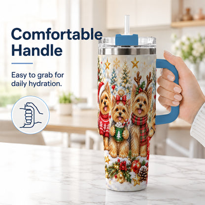 #pl[40oz|Blue] Christmas Yorkie 40oz Tumbler with Handle, Festive Dog Holiday Artwork