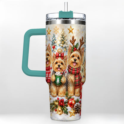 #pl[40oz|Green] Christmas Yorkie 40oz Tumbler with Handle, Festive Dog Holiday Artwork