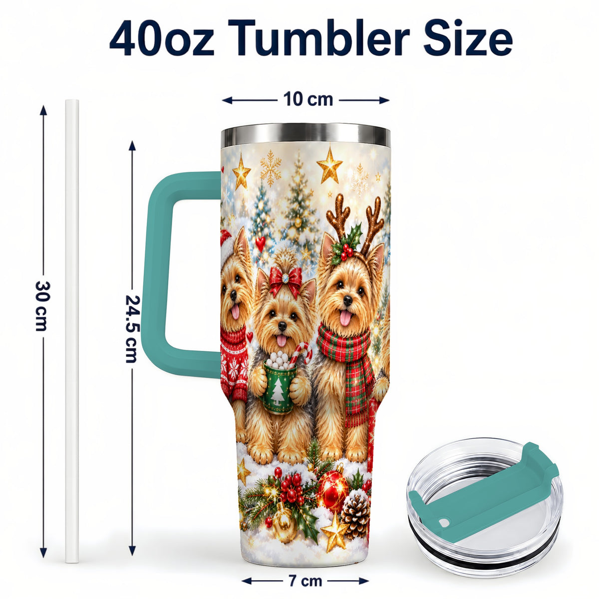 #pl[40oz|Green] Christmas Yorkie 40oz Tumbler with Handle, Festive Dog Holiday Artwork