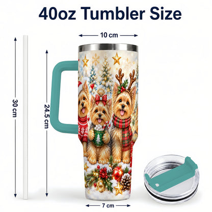 #pl[40oz|Green] Christmas Yorkie 40oz Tumbler with Handle, Festive Dog Holiday Artwork