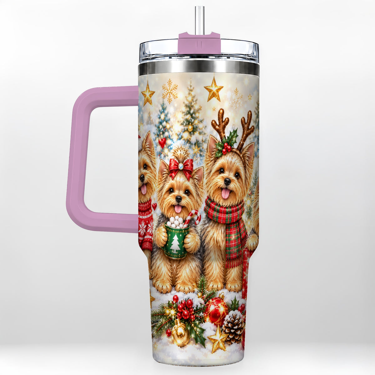 #pl[40oz|Pink] Christmas Yorkie 40oz Tumbler with Handle, Festive Dog Holiday Artwork