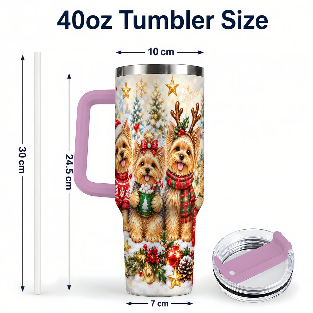 #pl[40oz|Pink] Christmas Yorkie 40oz Tumbler with Handle, Festive Dog Holiday Artwork