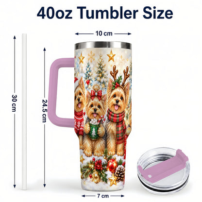 #pl[40oz|Pink] Christmas Yorkie 40oz Tumbler with Handle, Festive Dog Holiday Artwork