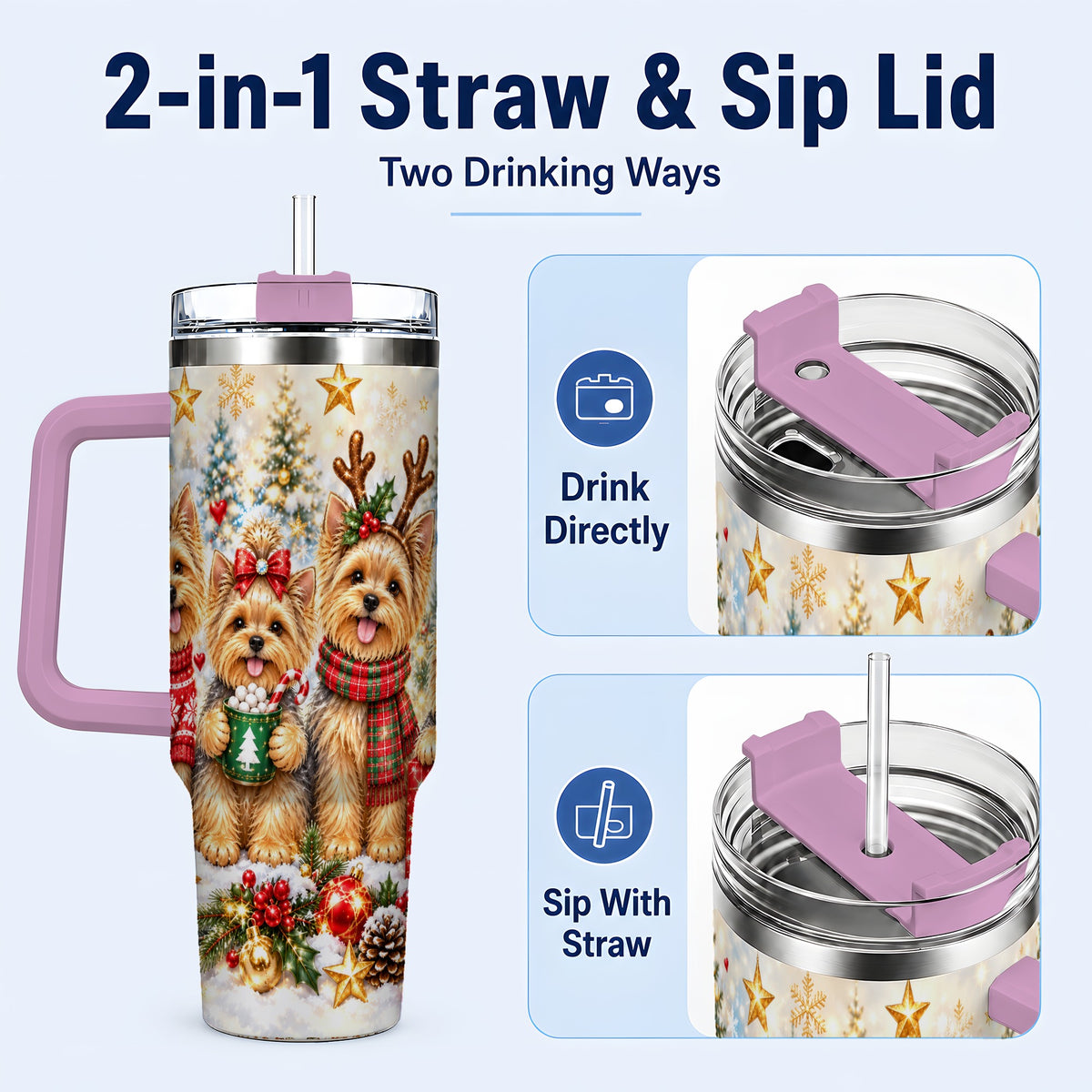 #pl[40oz|Pink] Christmas Yorkie 40oz Tumbler with Handle, Festive Dog Holiday Artwork