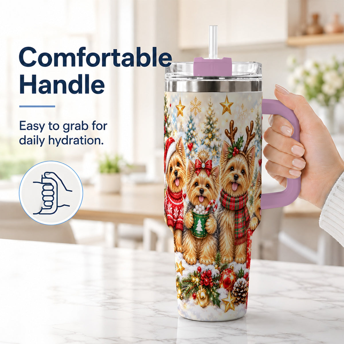#pl[40oz|Pink] Christmas Yorkie 40oz Tumbler with Handle, Festive Dog Holiday Artwork