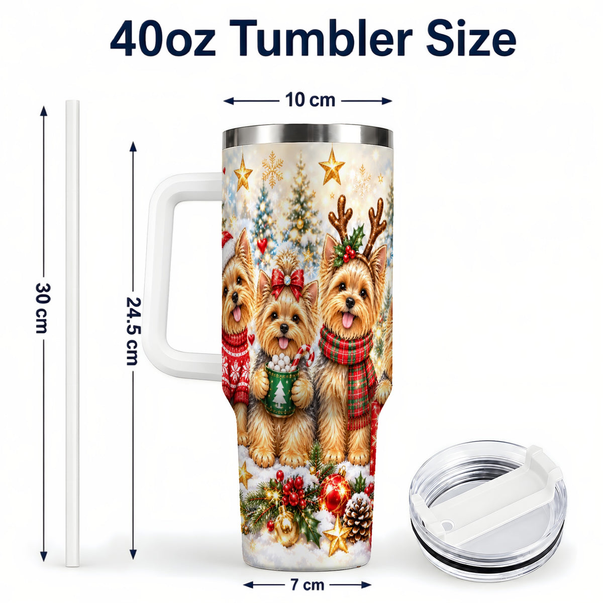 #pl[40oz|White] Christmas Yorkie 40oz Tumbler with Handle, Festive Dog Holiday Artwork