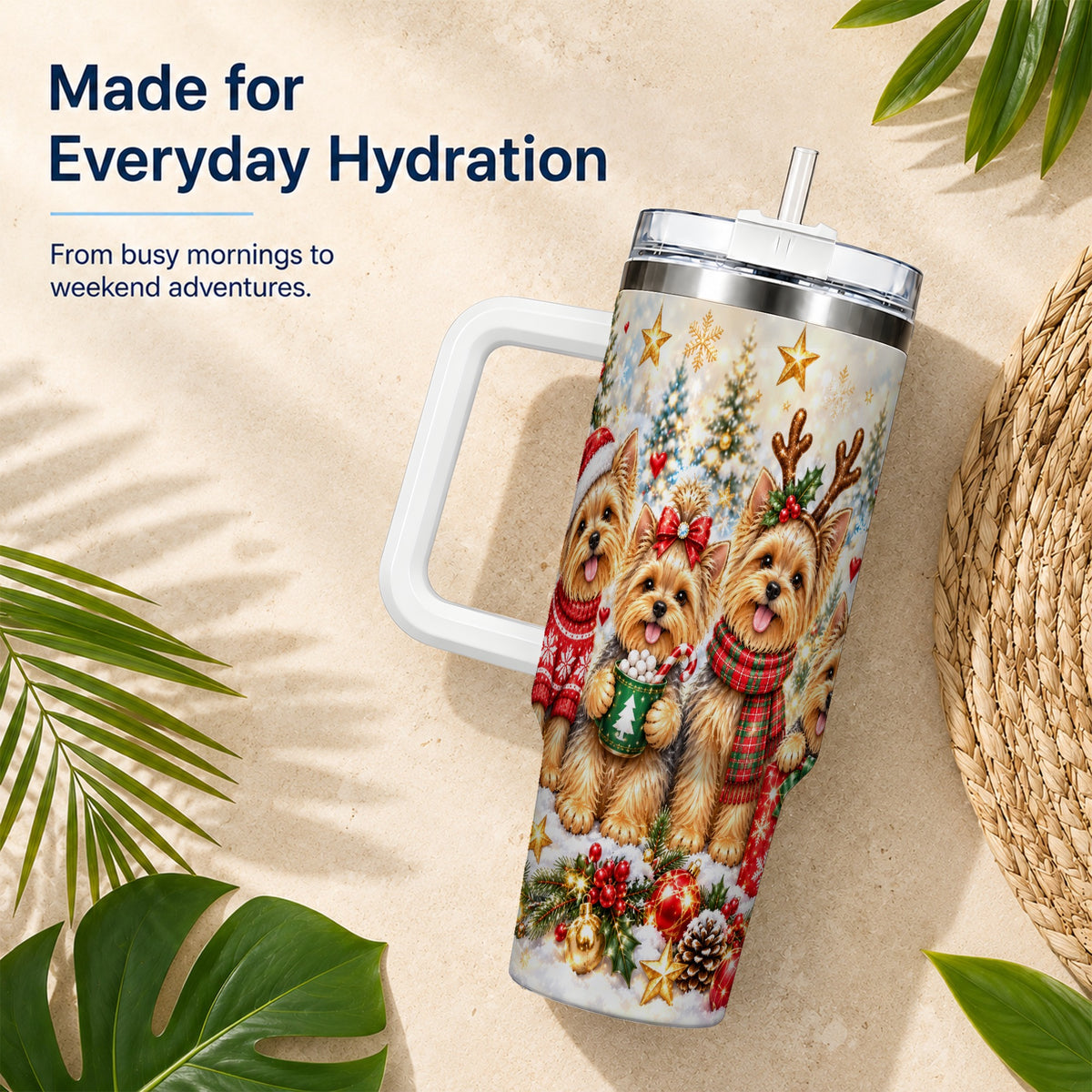 Christmas Yorkie 40oz Tumbler with Handle, Festive Dog Holiday Artwork