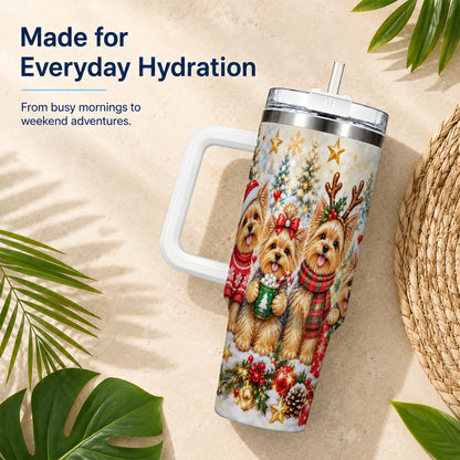 Christmas Yorkie 40oz Tumbler with Handle, Festive Dog Holiday Artwork