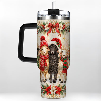 #pl[40oz|Black] Christmas Sheep 40oz Tumbler with Handle, Festive Farmhouse Lamb Art