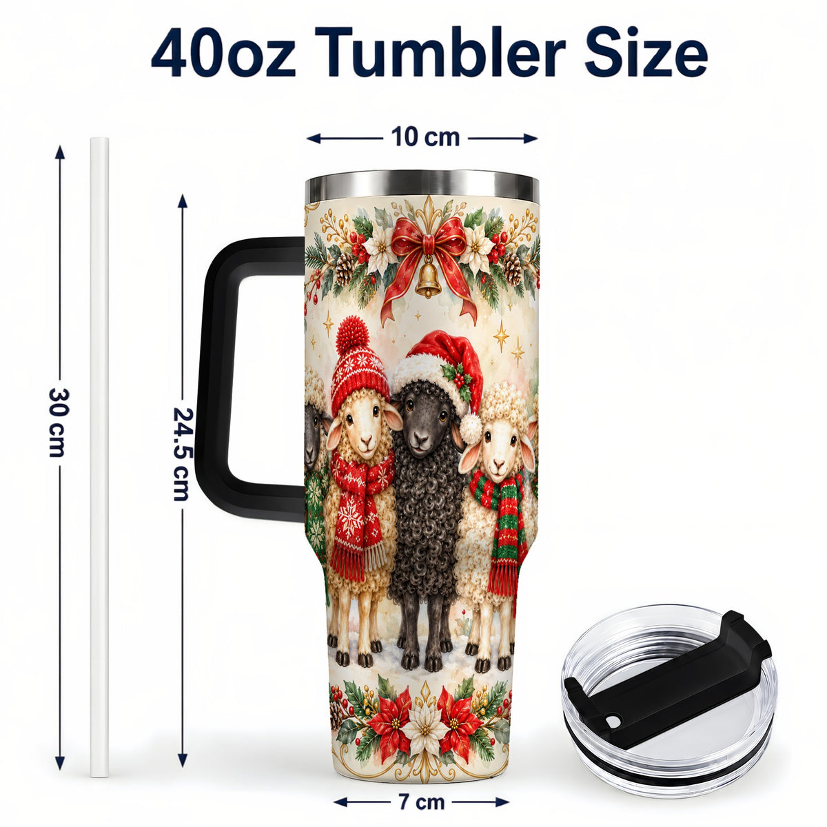 #pl[40oz|Black] Christmas Sheep 40oz Tumbler with Handle, Festive Farmhouse Lamb Art