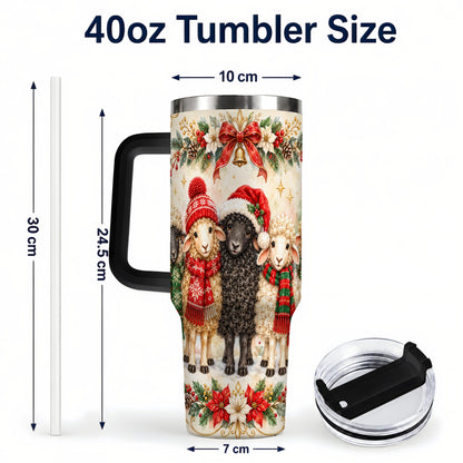 #pl[40oz|Black] Christmas Sheep 40oz Tumbler with Handle, Festive Farmhouse Lamb Art