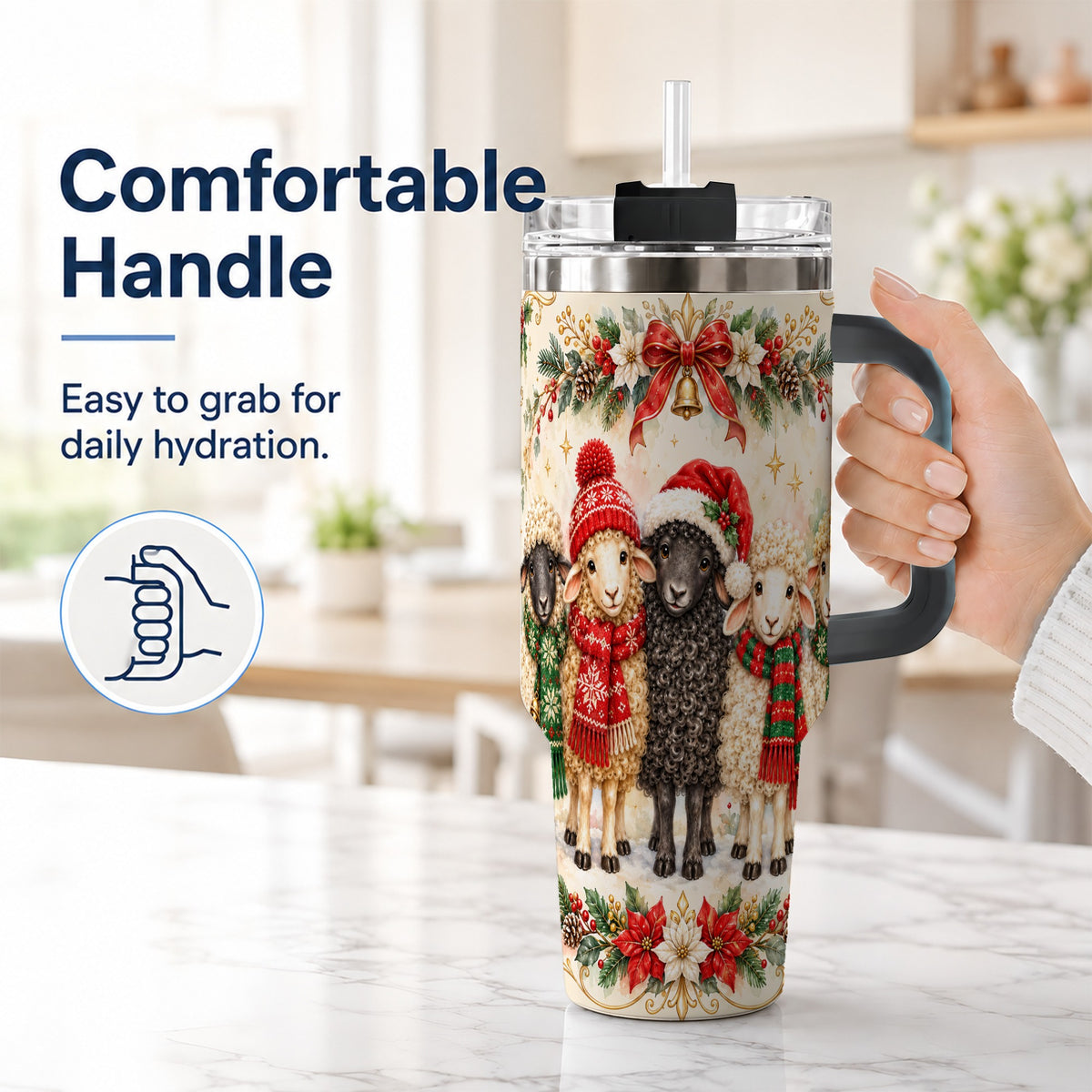 #pl[40oz|Black] Christmas Sheep 40oz Tumbler with Handle, Festive Farmhouse Lamb Art
