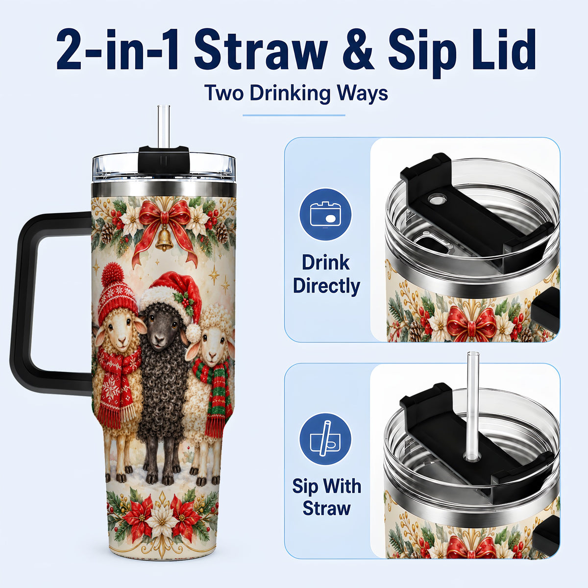 #pl[40oz|Black] Christmas Sheep 40oz Tumbler with Handle, Festive Farmhouse Lamb Art